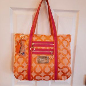 Coach Monogram Poppy Tote Bag in Orange/Hot Pink Leather Trim